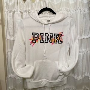 White PINK sweatshirt hoodie with floral design